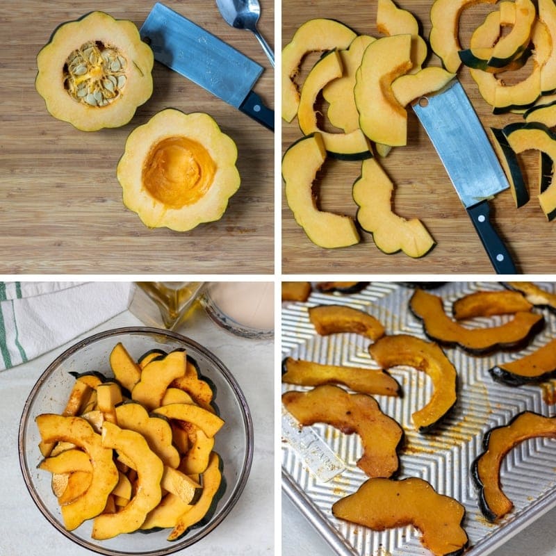 4 photos showing cutting acorn squash, seasoning acorn squash , and roasting squash.