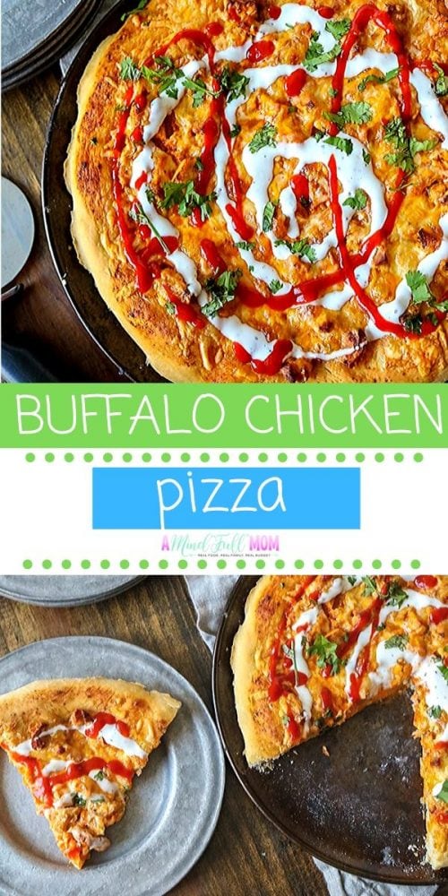 Buffalo Chicken Pizza is an easy recipe for pizza made with all the big, bold flavors of Buffalo Chicken! Spicy buffalo chicken is piled high on a tender pizza crust and smothered in cheese for a delicious spin on pizza night. 
