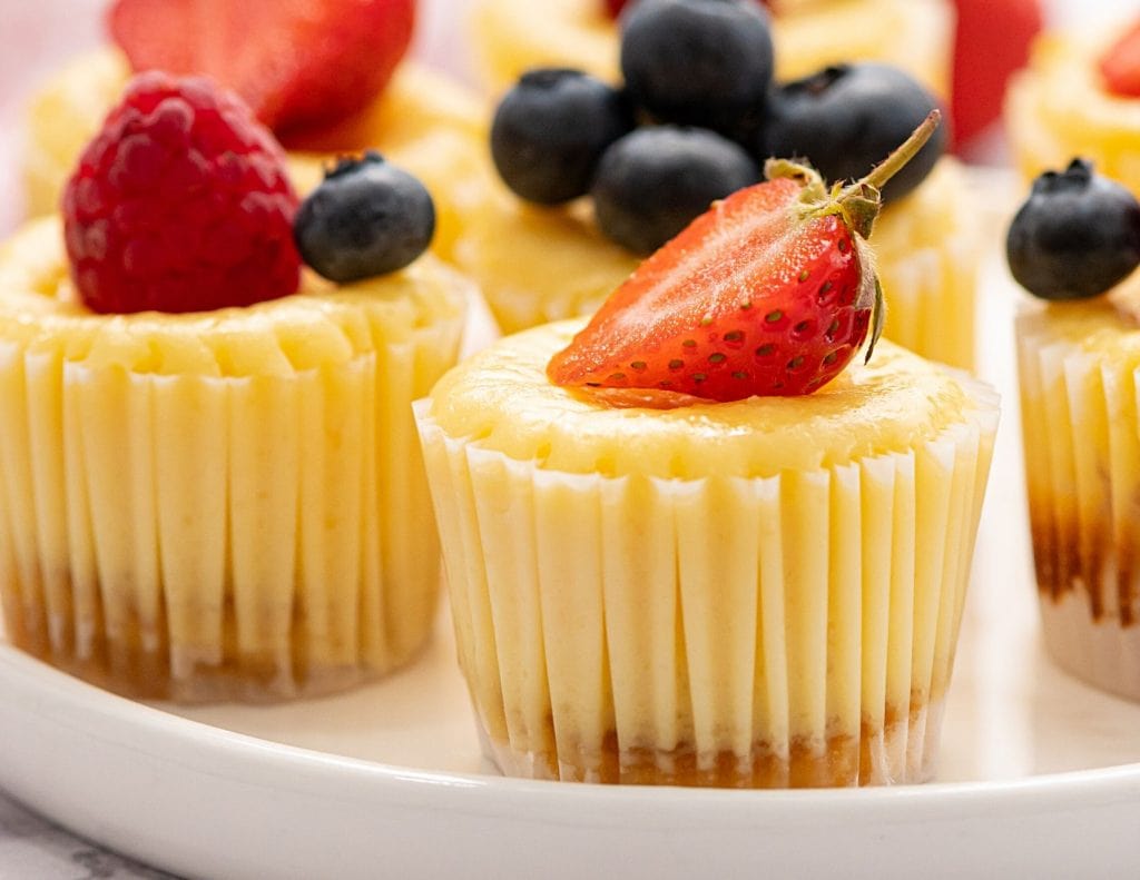 Mini Cheesecake on white platter topped with fresh fruit.