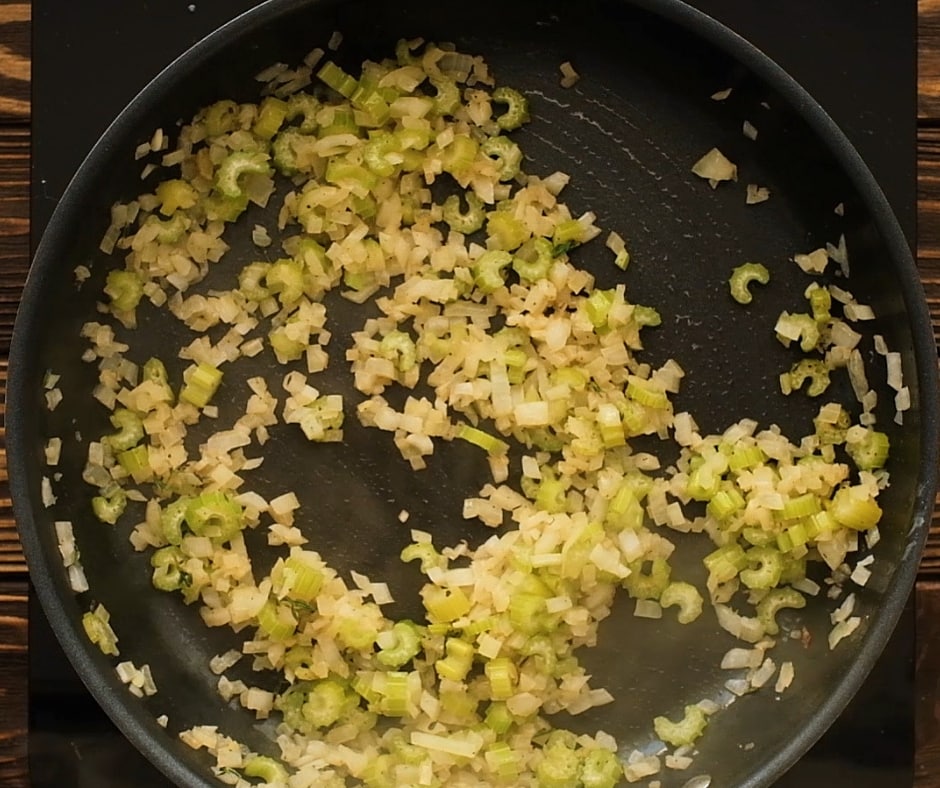 Softened Celery and Onions in Saute Pan.