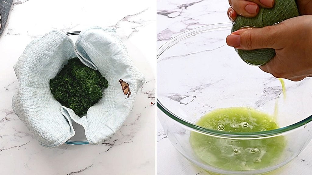 Side by side picture of spinach being squeezed dry.