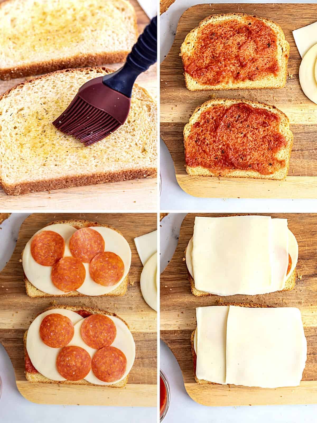 Collage of 4 pictures showing layering bread with cheese and pepperoni.