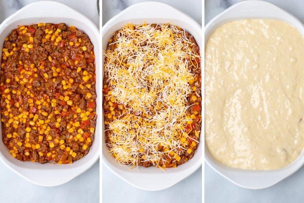Three side by side photos of assembled tamale pie. 