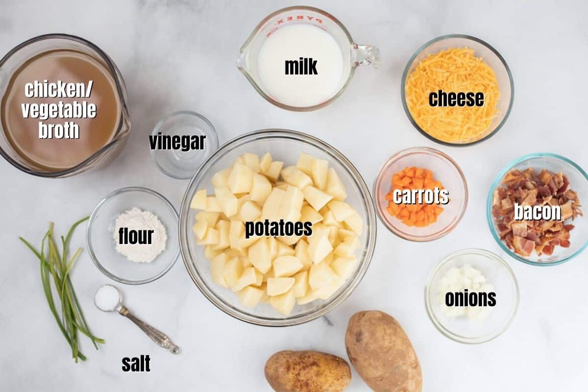 Ingredients for potato soup labeled on counter. 