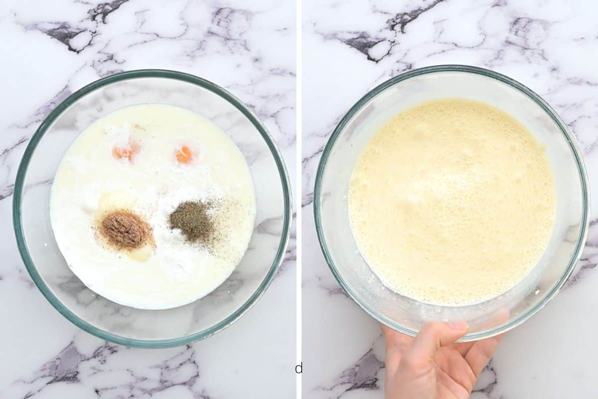 Egg mixture in mixing bowl before and after mixing.