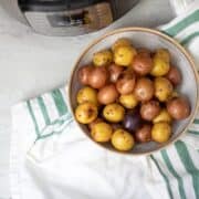 Roasted Garlic Potatoes in serving bowl next to Instant Pot