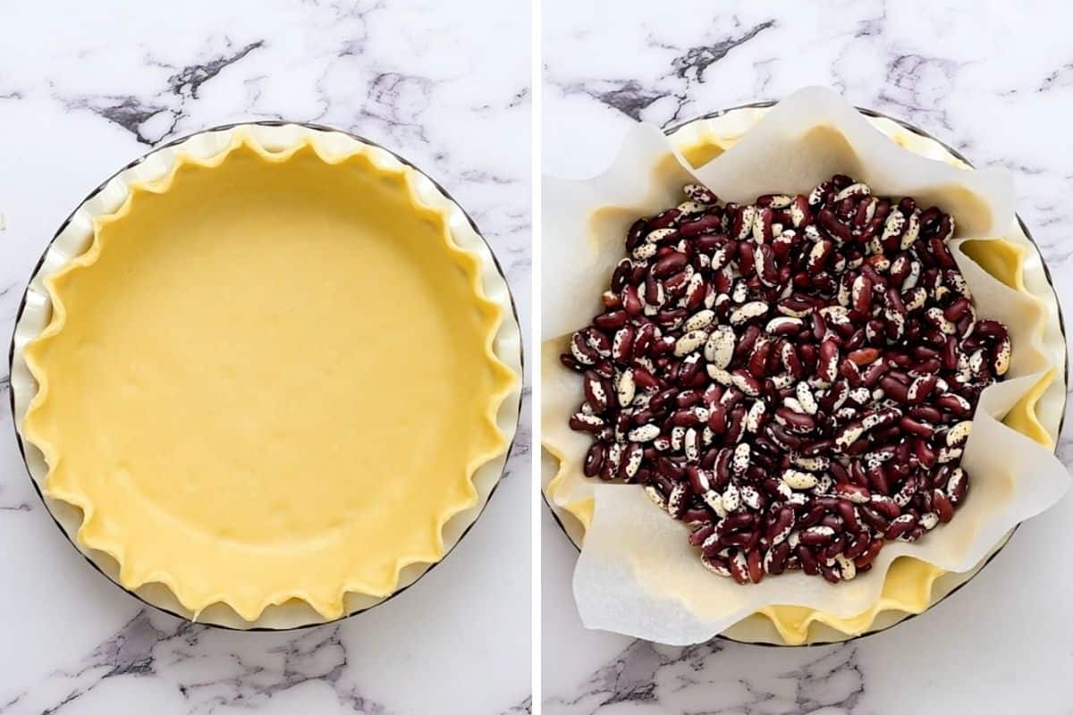 Pie crust formed in pie plate and one topped with parchment paper  and dried beans. 
