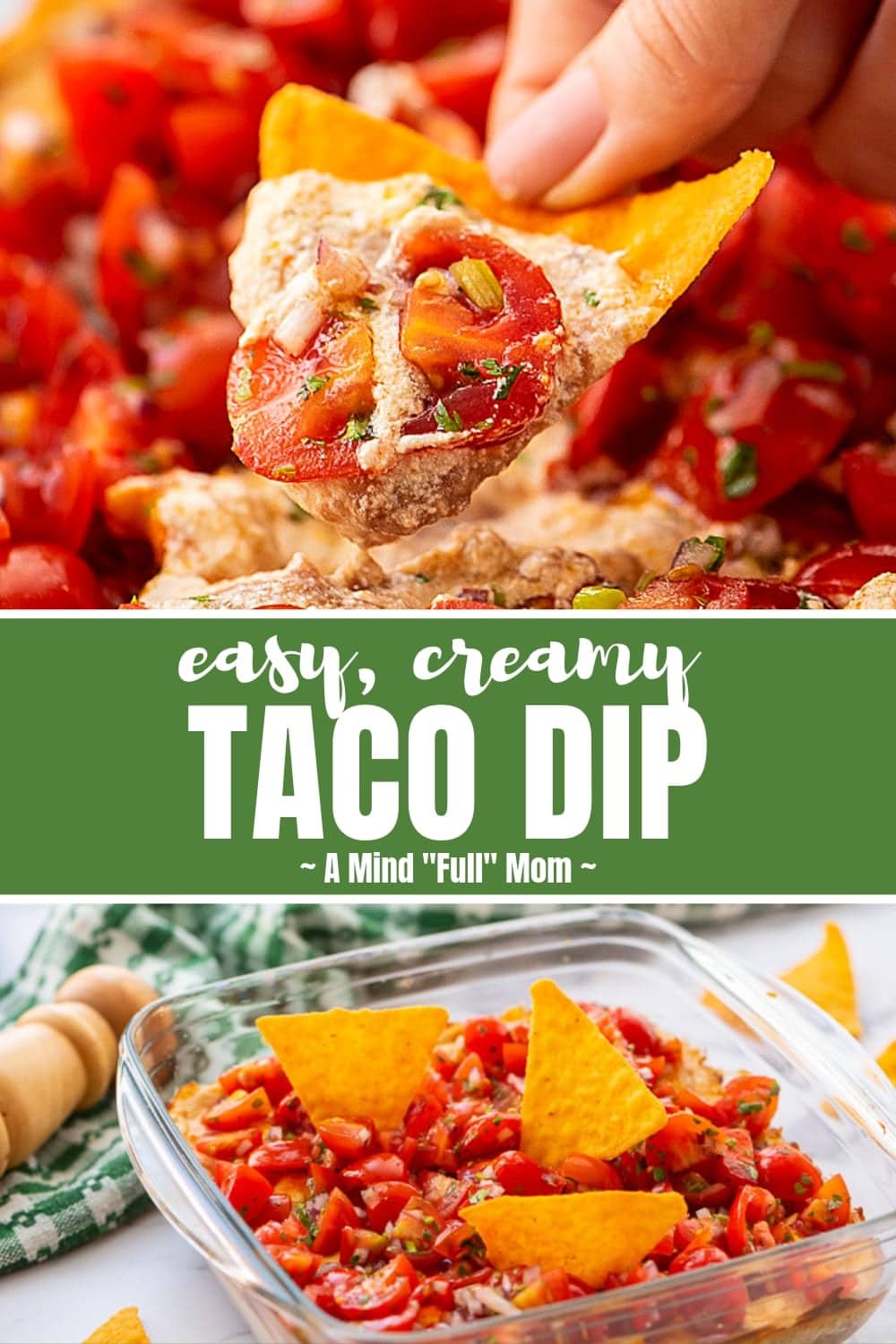 This Easy Cream Cheese Taco Dip is easy to make and loved by everyone! This Hot Taco Dip is made with refried beans, a spiced cream cheese mixture, and fresh tomatoes and onions, this Mexican Dip truly is the BEST Taco Dip Ever!