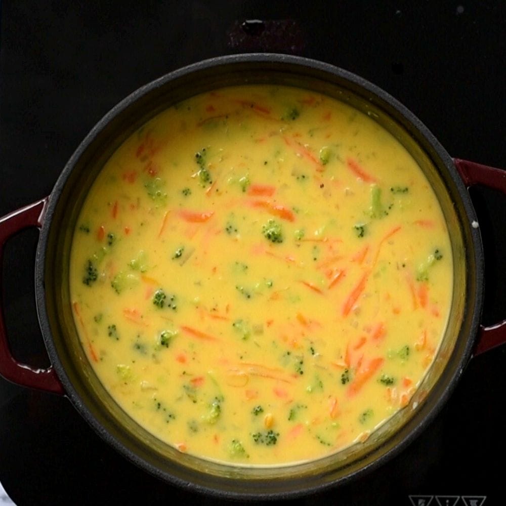 Broccoli Cheddar Soup in Stock Pan.