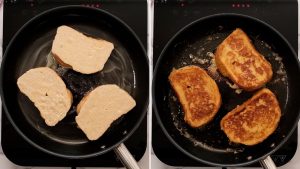 Side by side collage of cooking French Toast in frying Pan