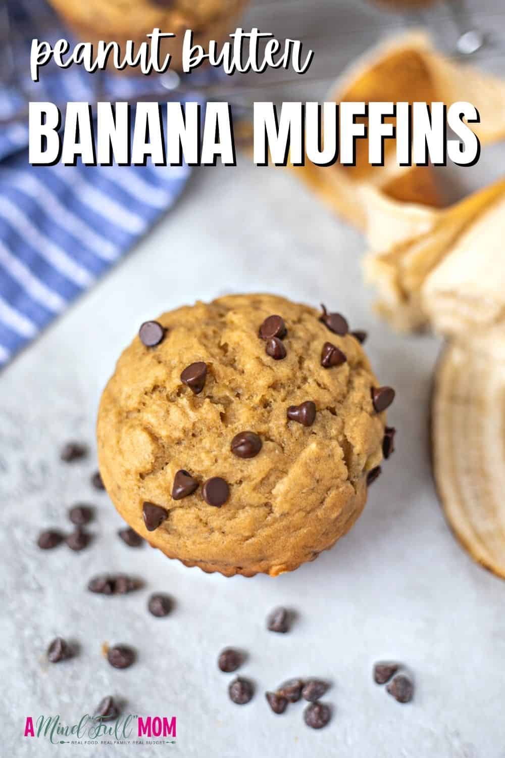 These Peanut Butter Banana Muffins are light, fluffy, and studded with chocolate chips. They are lower in fat and sugar, making these muffins perfect for a wholesome breakfast or a healthy treat.  