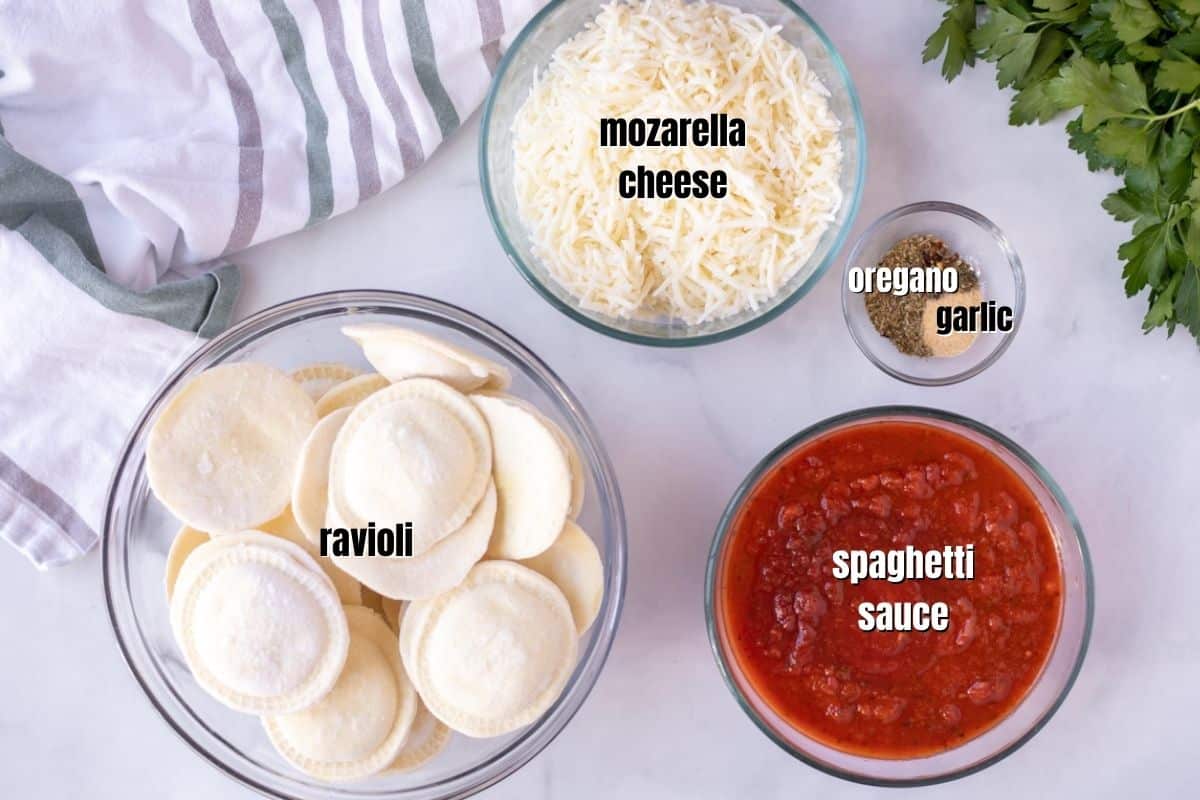 Ingredients for Ravioli Lasagna on counter labeled. 