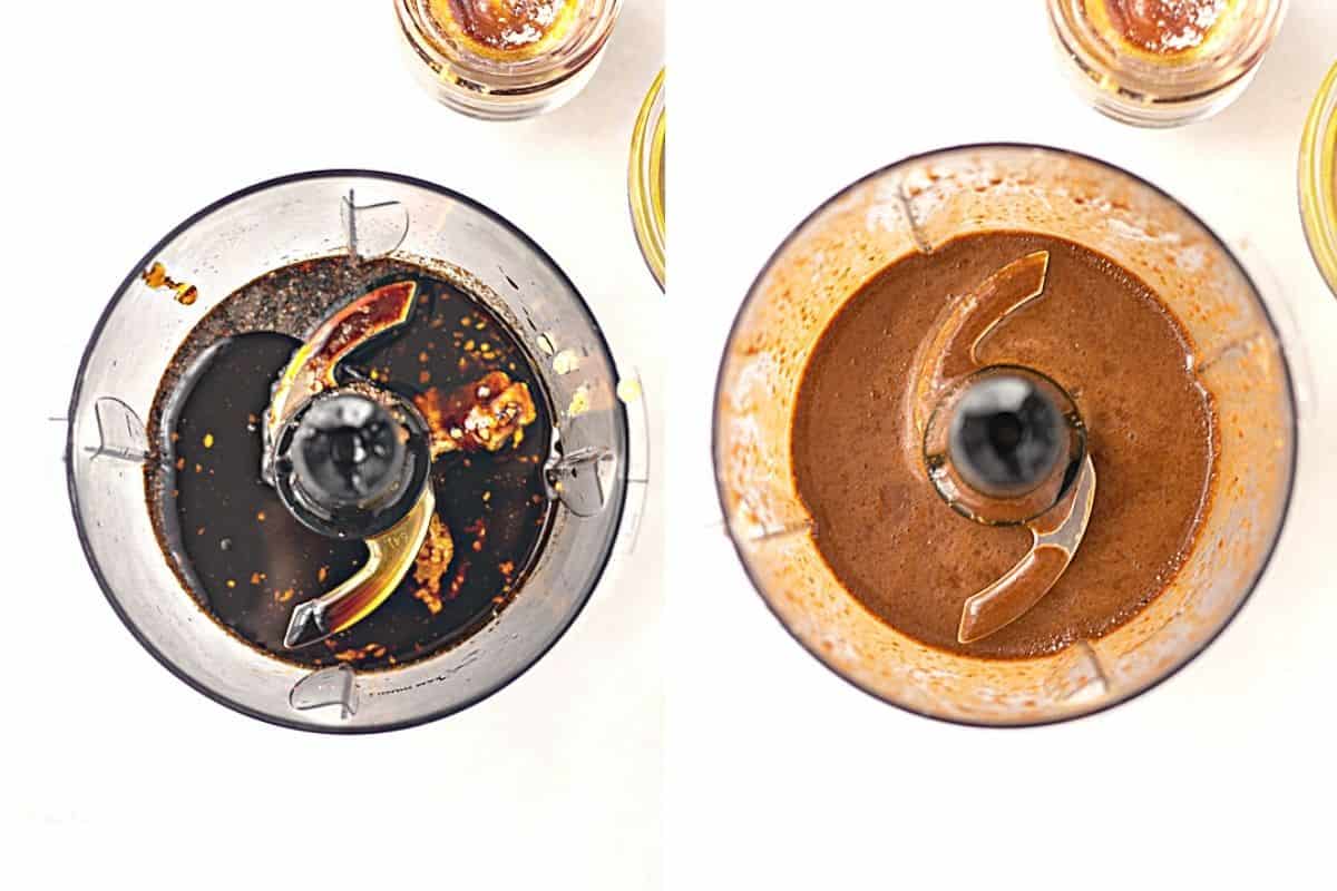 Side by side photo of food processor before and after blending balsamic dressing.