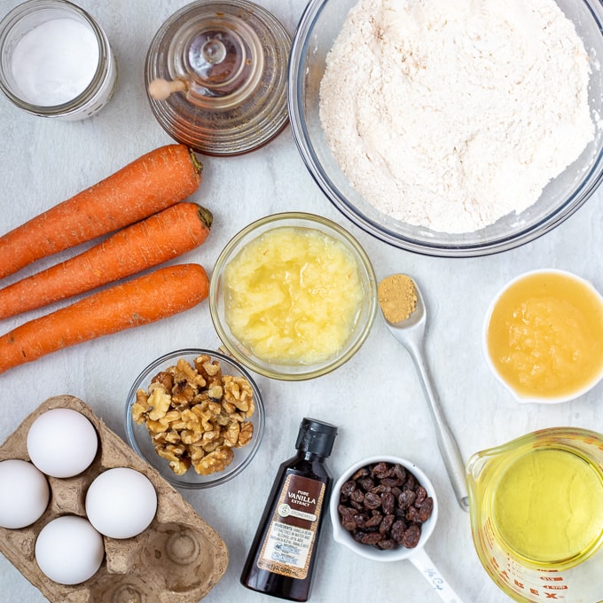 Ingredients for Carrot Cake Muffins on counter. 