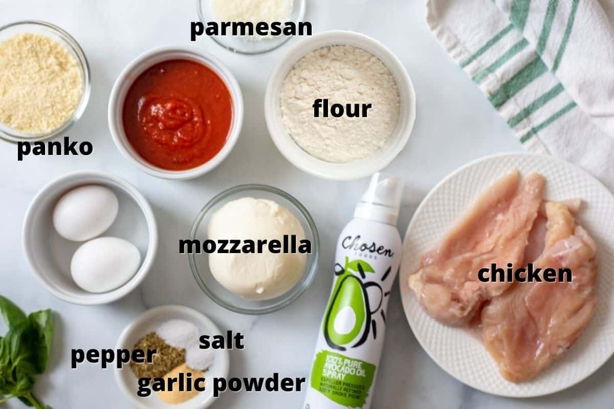 Ingredients labeled for chicken parmesan.