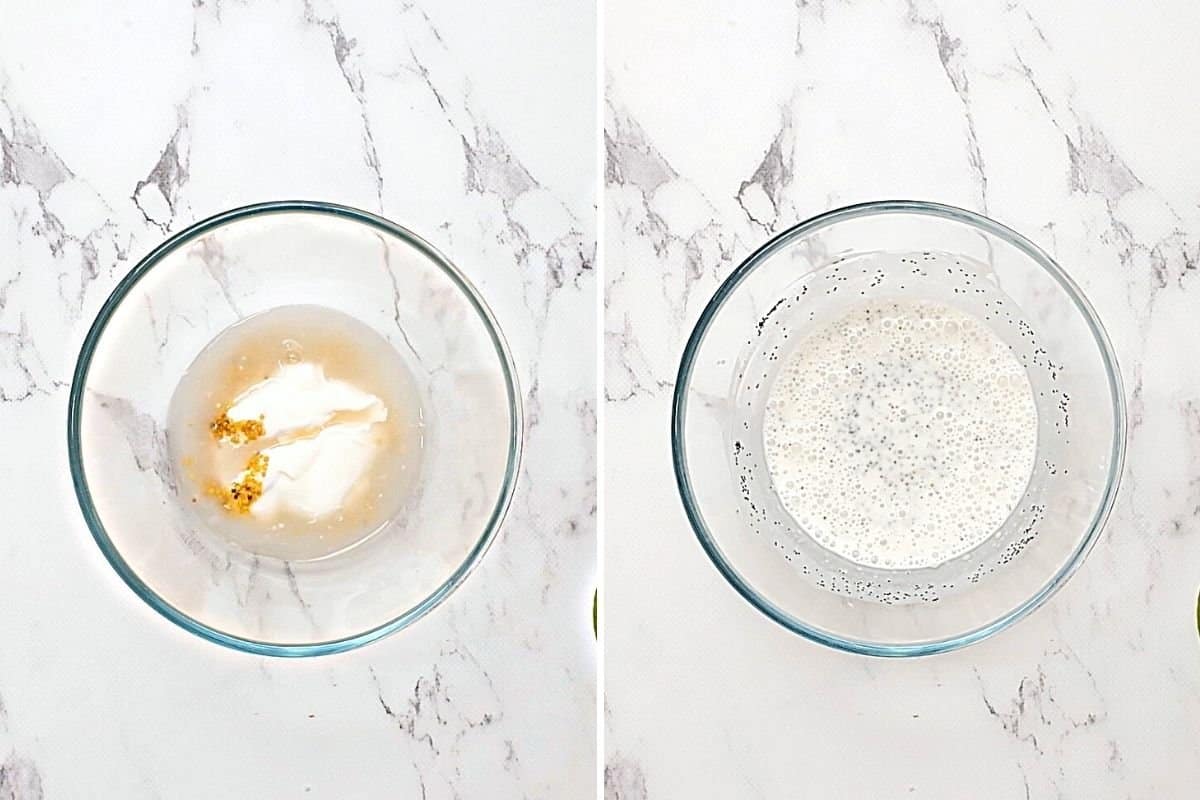 Side by side bowl before and after mixing together poppyseed dressing. 