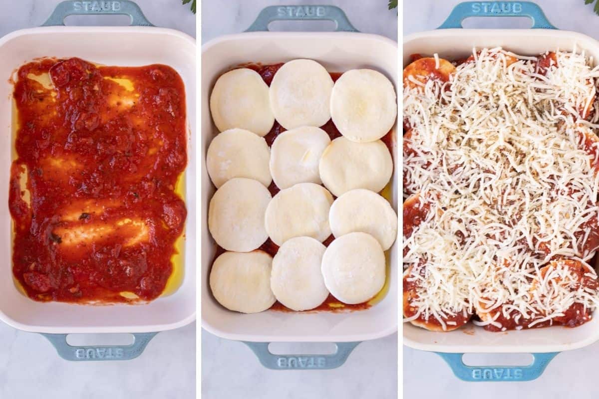 3 side by side photos showing layering of ravioli lasagna.