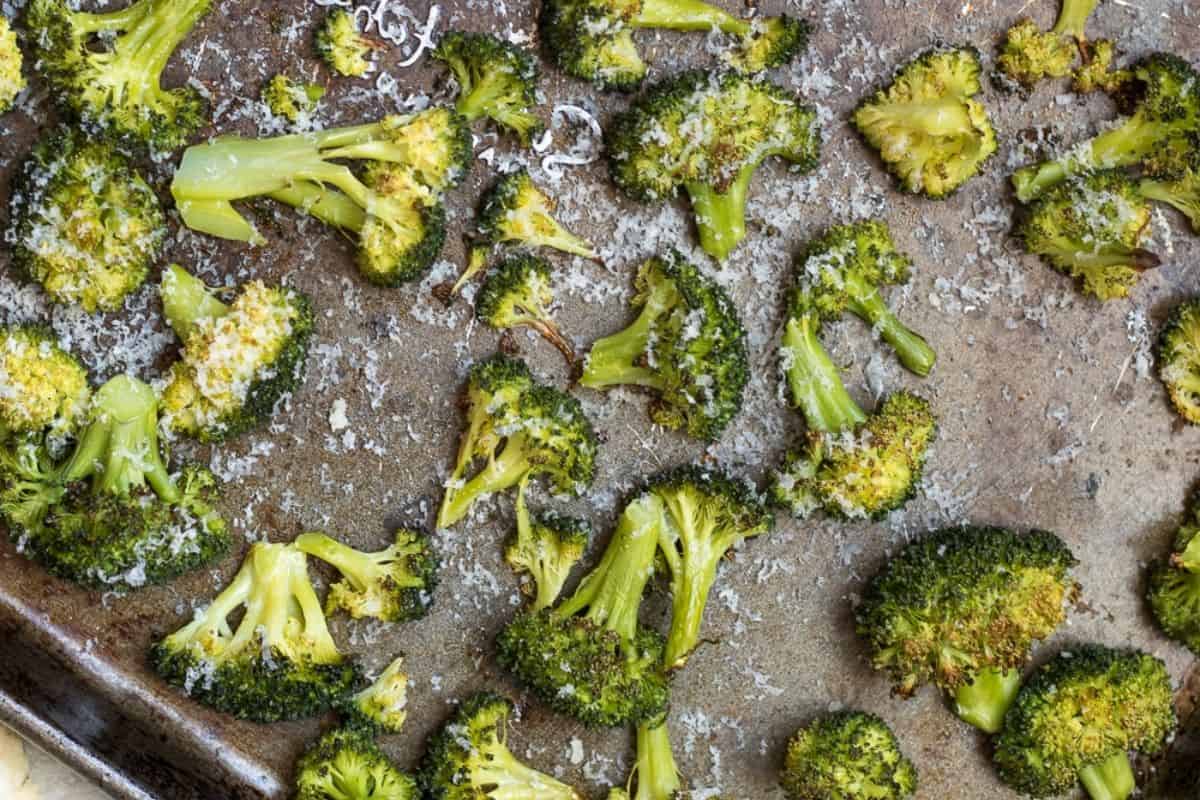 Roasted Broccoli on sheet pan with Parmesan Cheese. 