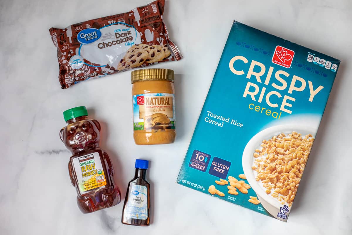 Ingredients for peanut butter rice kripie treats.