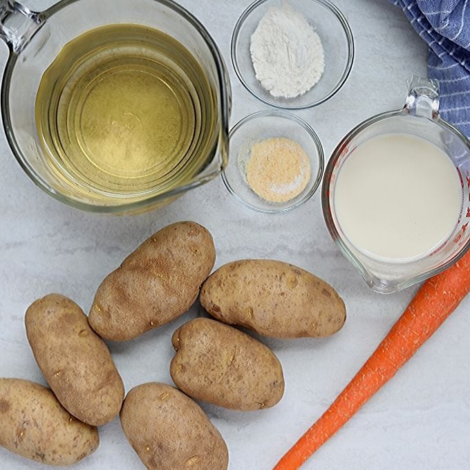 Ingredients for Potato Soup: Potatoes, carrot, stock, milk, cornstarch, seasonings