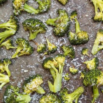 Roasted Broccoli with Parmesan on sheet pan.