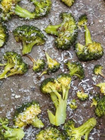 Roasted Broccoli with Parmesan on sheet pan.