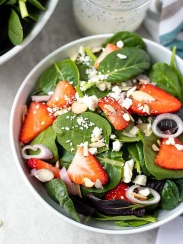 Strawberry Spinach Salad in White Bowl