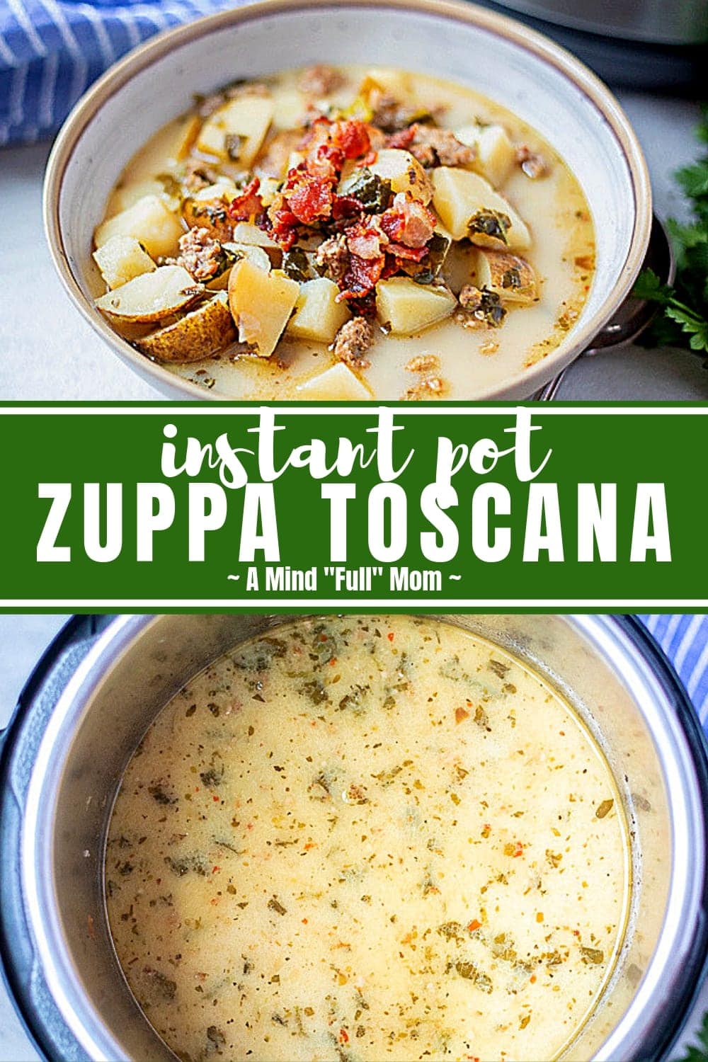 The entire family will love this Instant Pot Zuppa Toscana Soup! This creamy, hearty soup made with bacon, sausage, kale, and potatoes, will be on your table in 30 minutes and tastes better than Olive Garden's version!