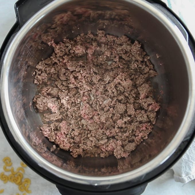 Ground Beef browned inside the Instant Pot. 