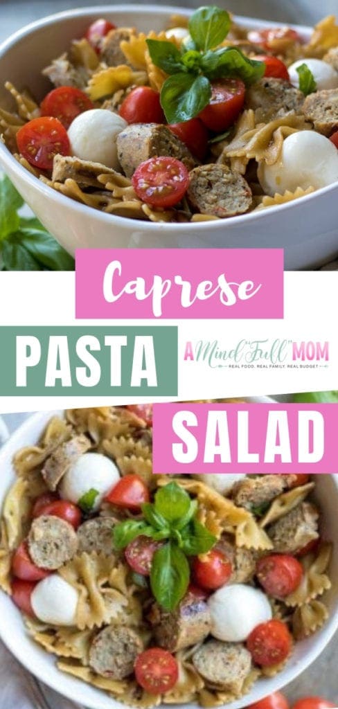 An easy homemade Caprese Pasta Salad with cherry tomatoes, mozzarella, basil, and Dried Tomato Chicken Sausage! This caprese pasta salad with balsamic dressing is a delicious and healthy pasta salad recipe that is fit for a main course or a hearty side.