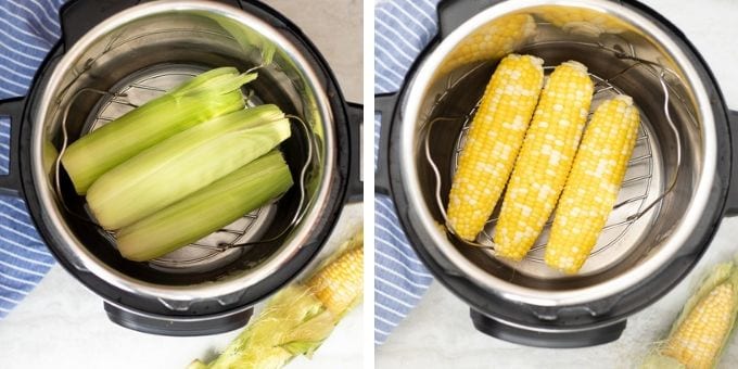 Side by Side photo of Instant Pots, one with corn on the cob with husks, one without husks
