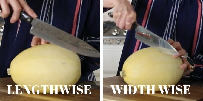 Collage showing cutting spaghetti squash lengthwise and width wise
