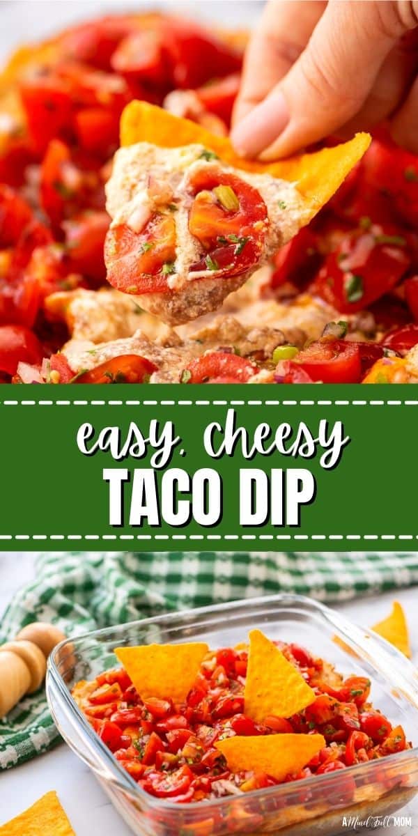 This Easy Cream Cheese Taco Dip is easy to make and loved by everyone! Made with refried beans, a spiced cream cheese mixture, and fresh tomatoes and onions, this warm, layered dip is truly the BEST Taco Dip Ever! Whether having a party, tailgating or simply looking for an irresistible alternative to the usual guacamole or salsa to serve on taco night, you will love this layered taco dip recipe.