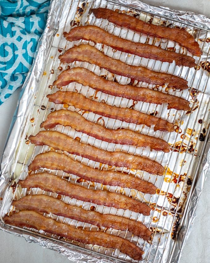 Crispy baked Bacon on Baking Sheet.