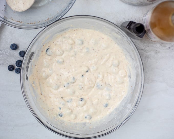 Blueberry Pancake Batter in mixing bowl.