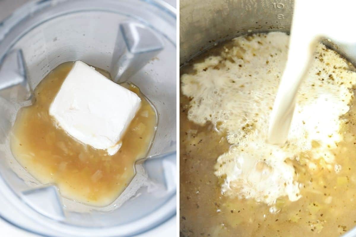 Side by side picture of blender with cooking liquid and cream cheese next to photo of blended liquid being poured back into inner pot. 