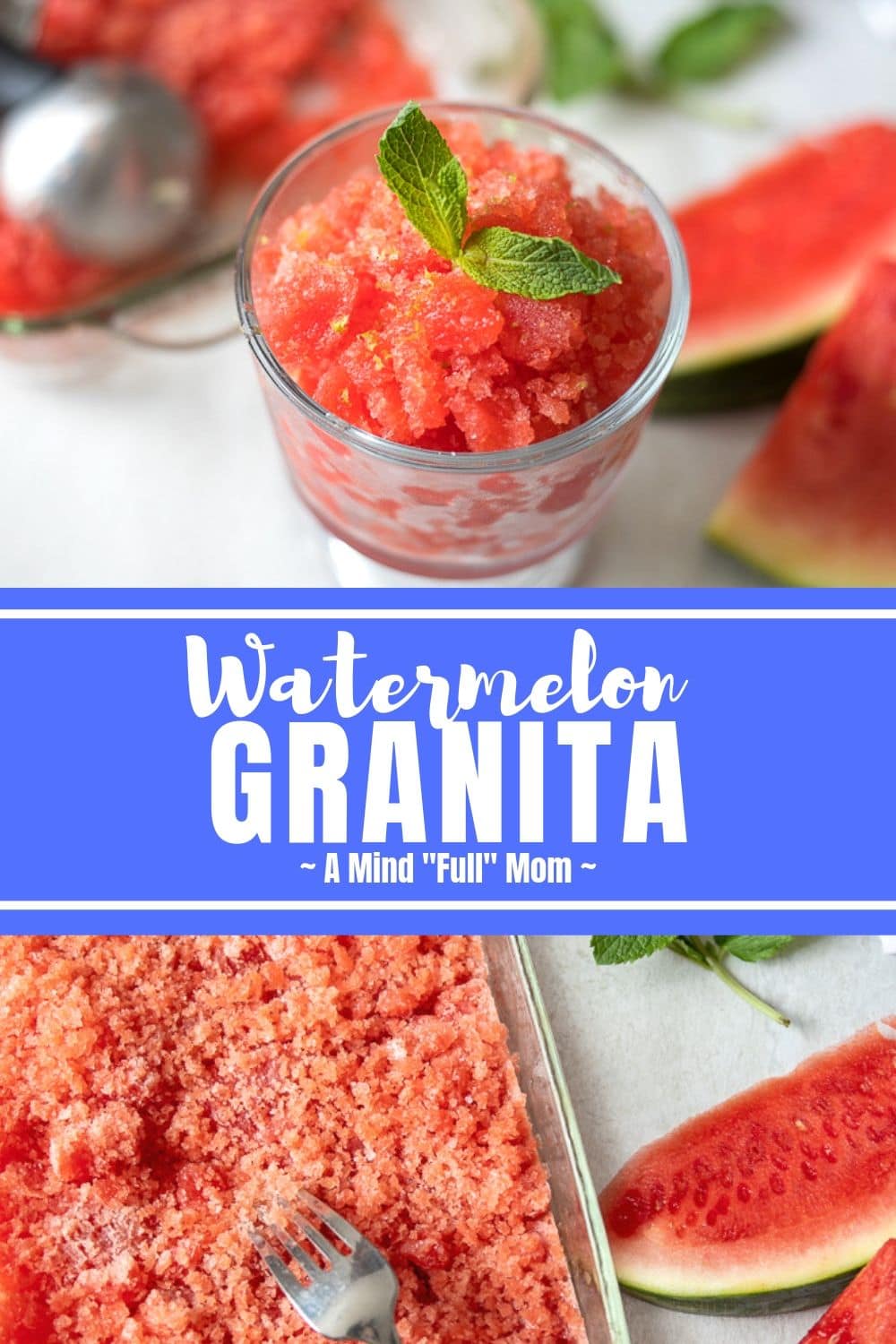 Watermelon Granitas are just what a hot summer day begs for! These refreshing homemade grantias are made with fresh watermelon and lime juice and finished with a  mint lime sugar that takes this simple frozen dessert over the top! #frozendessert #dessert #glutenfreedessert #watermelon #granita