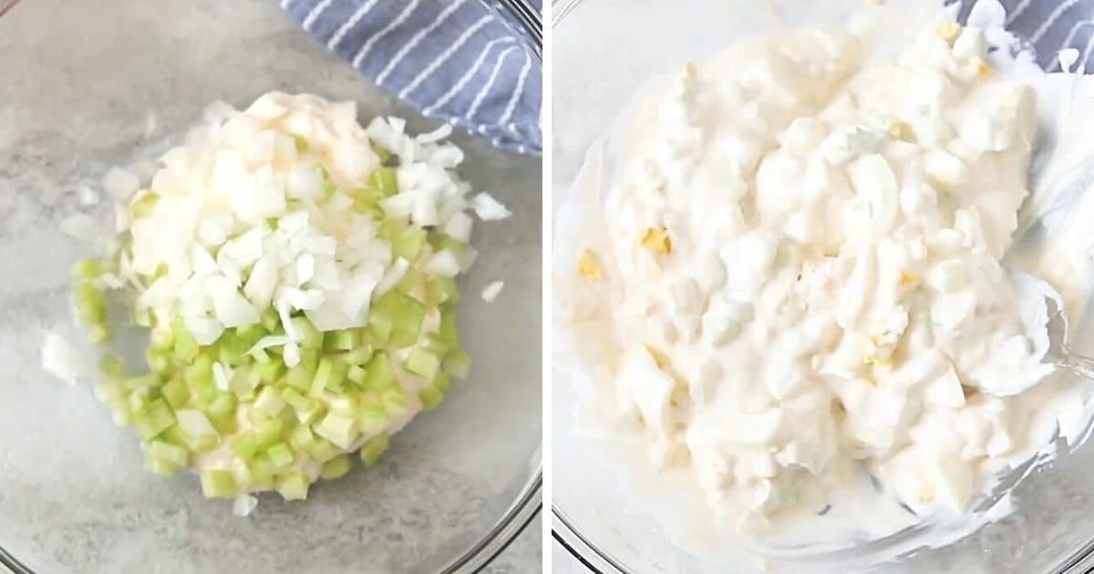 side by side photo showing dressing for potato salad before and after mixing.