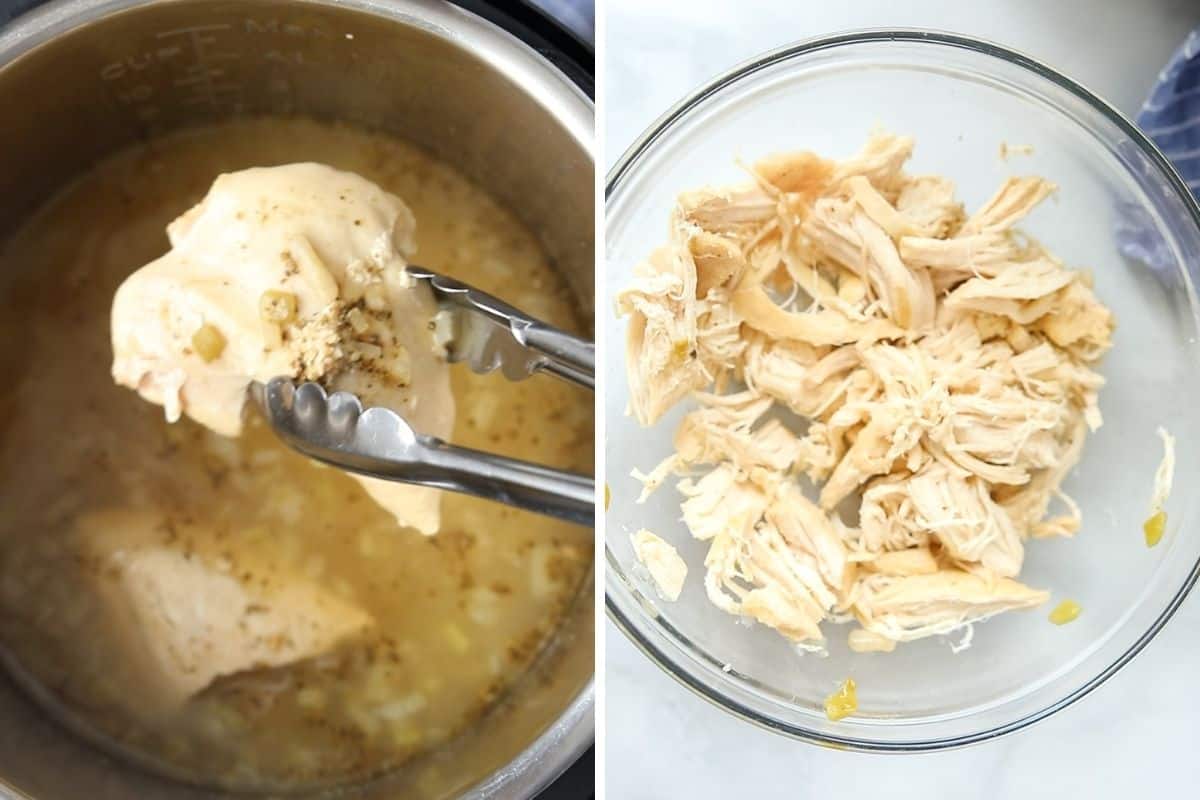 Side by side photo showing cooked chicken being removed from inner pot next to bowl of shredded cooked chicken.