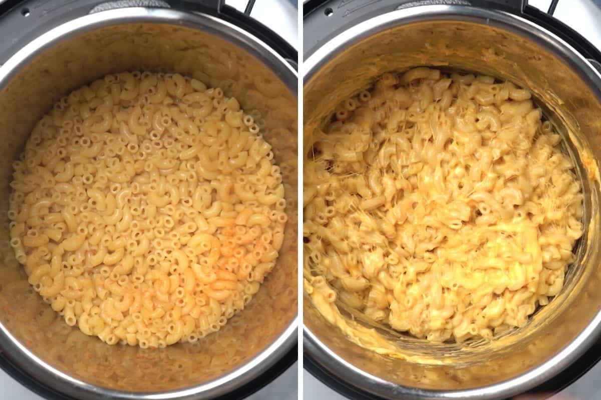 Side by side picture of mac and cheese before and after stirring in cheese. 