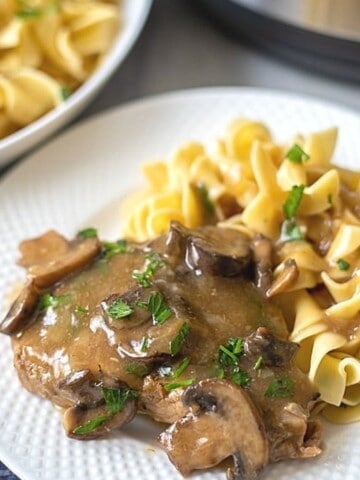 Pork Chop with mushroom gravy and noodles on white plate.