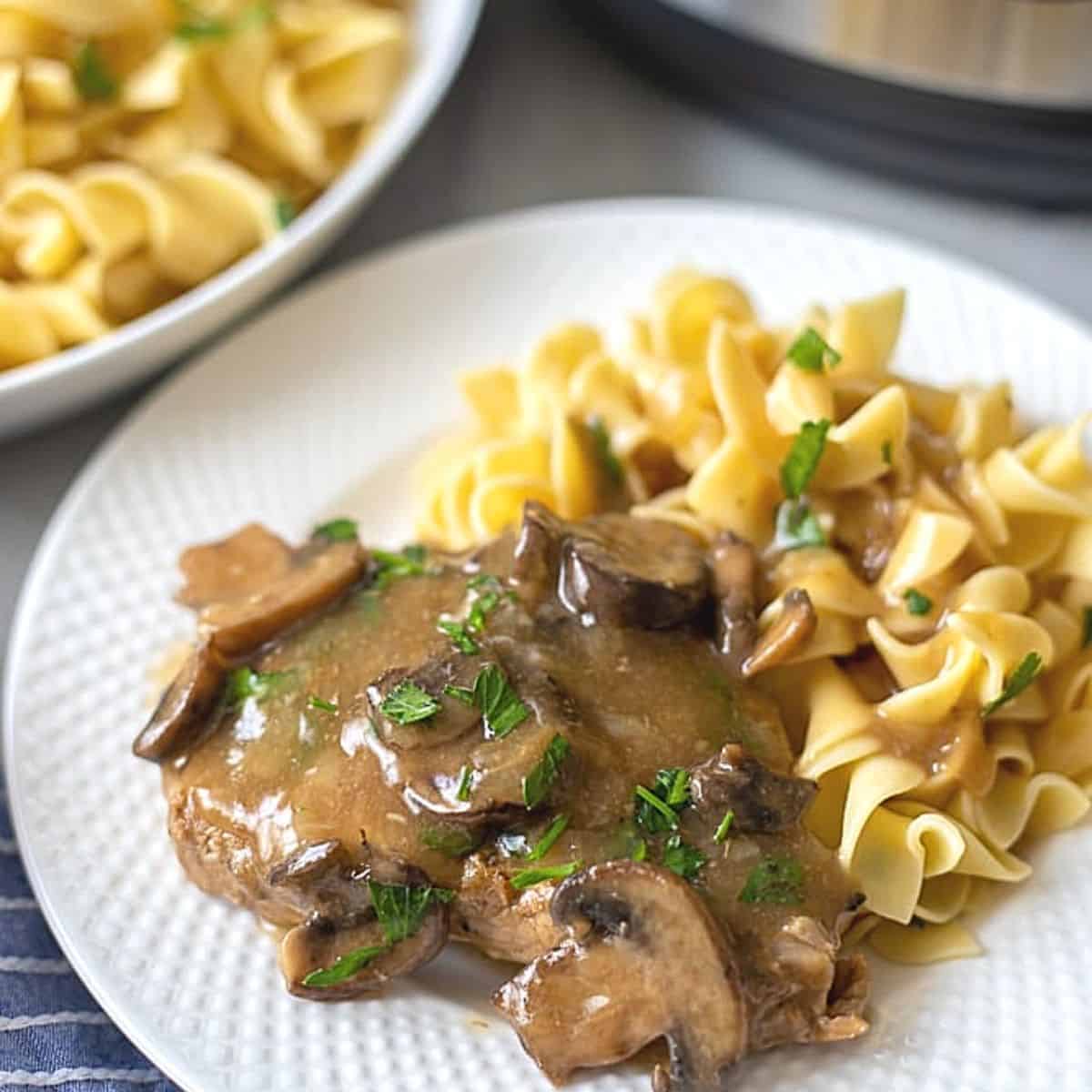 Pork Chop with mushroom gravy and noodles on white plate
