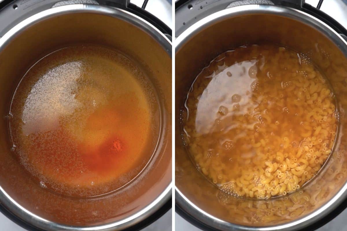 Side by side photo of broth with and without elbow macaroni noodles. 