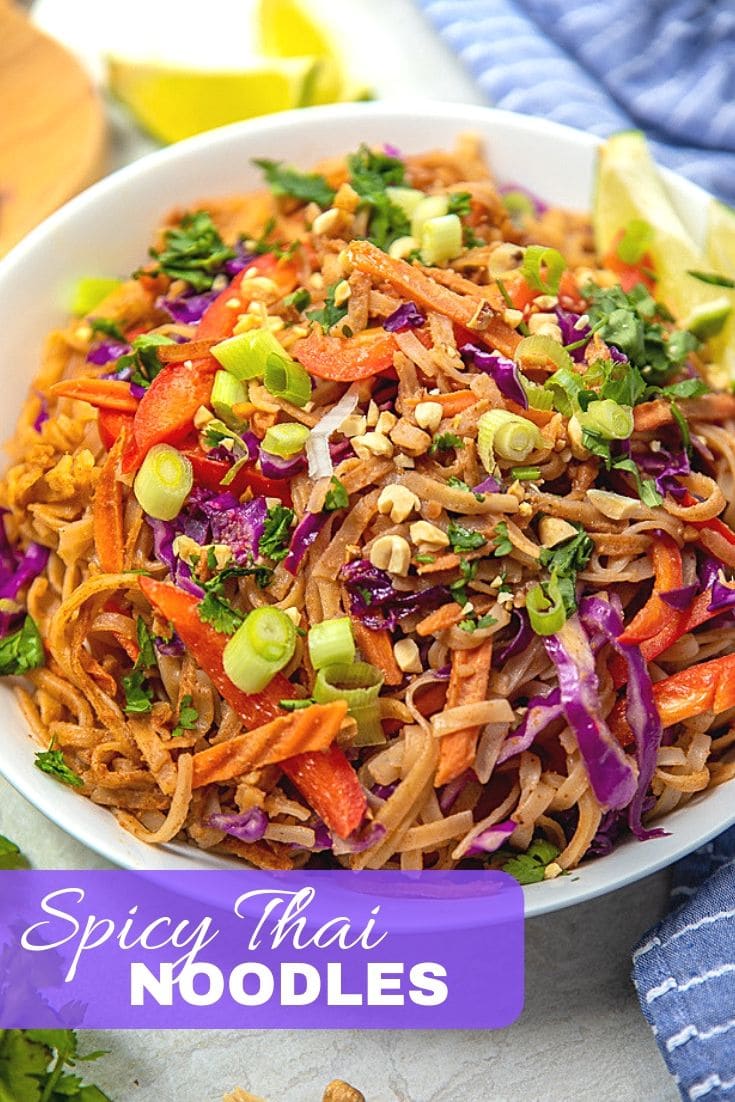 I will never order Thai Noodles again after making this recipe! Made in just 15 minutes, these spicy Thai noodles with peanut sauce are made with everyday ingredients and insanely flavorful! This recipe is vegetarian, vegan friendly, and easily made gluten free!