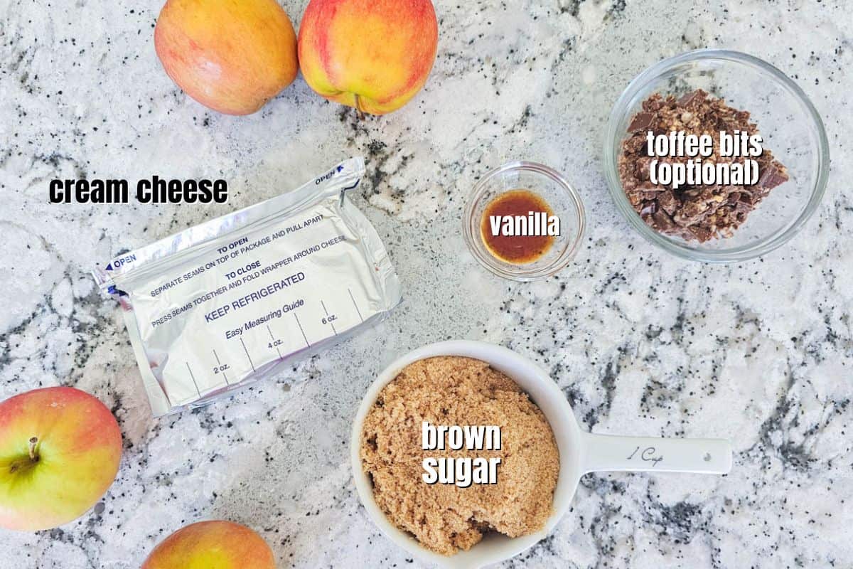 Ingredients for apple dip labeled on counter. 