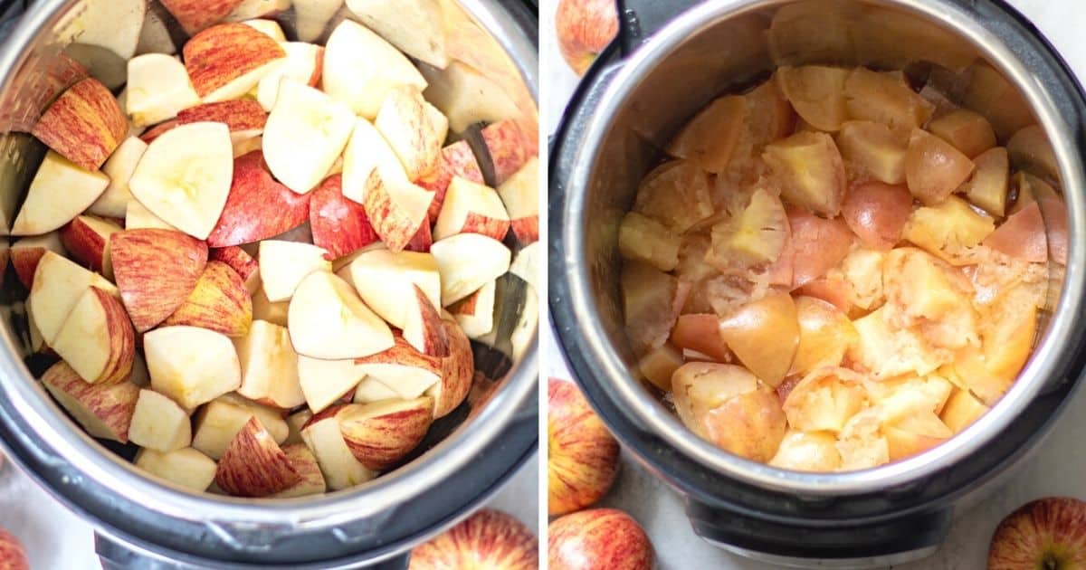 Side by side photo of apples before and after pressure cooking.