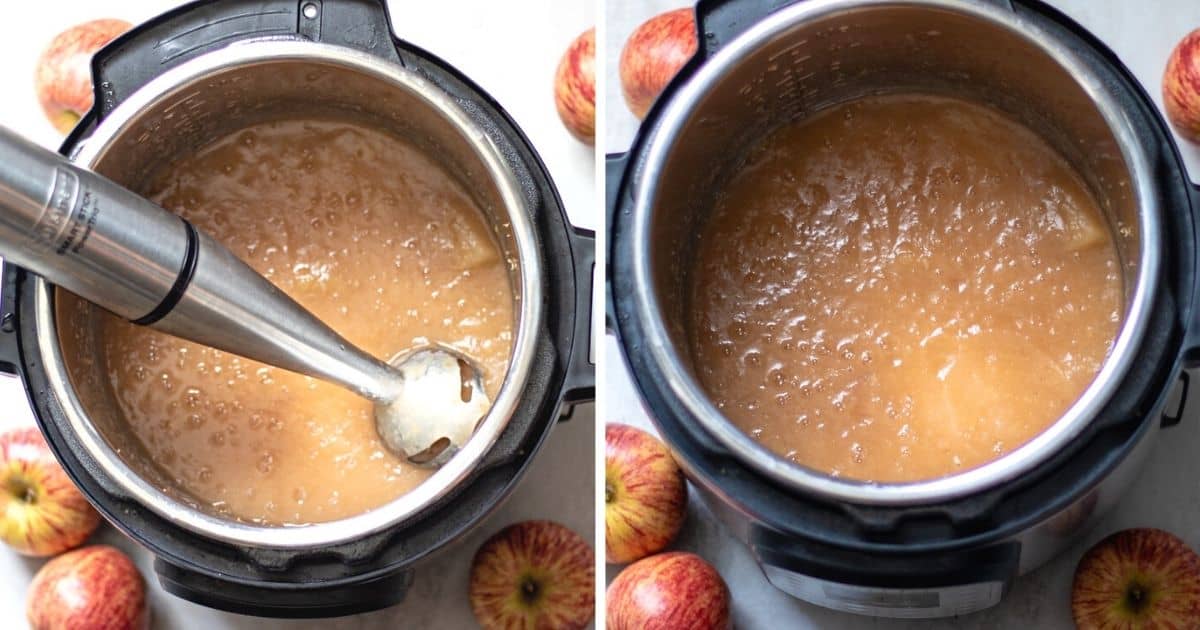 Side by side photo of applesauce with and without immersion blender in inner pot of Instant pot.