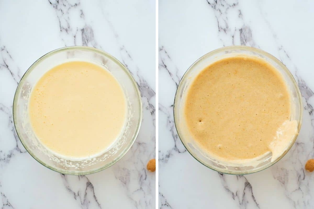 SIde by side photo of pumpkin cake batter before and after adding flour.