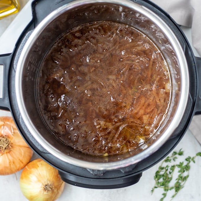 Instant Pot with completed French Onion Soup.