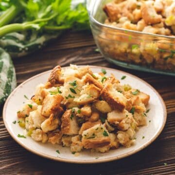 Classic Bread Stuffing dished out on plate.